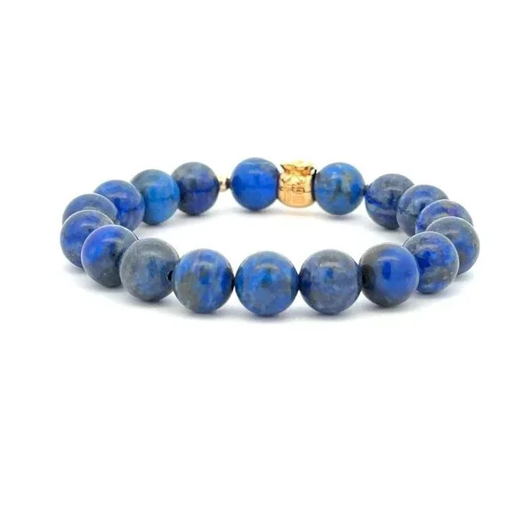18K Gold Money Bag Lucky Charm Beads Bracelet Gemstones Lapis Lazuli 8mm - Picture 7 of 9